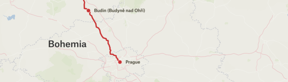 Budin to Prague map
