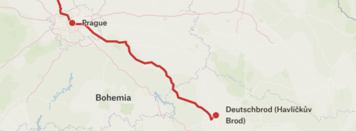 Prague to Brod map